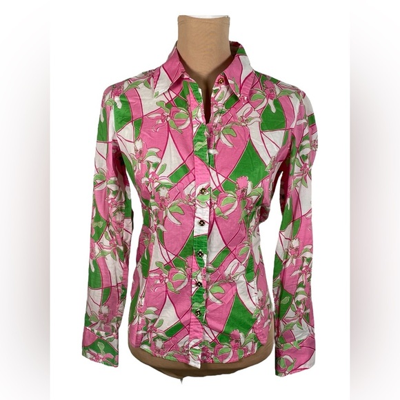 Lilly Pulitzer Floral Pink 🌸 and Green Women's Top Size 4 - Picture 1 of 8